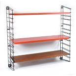 Adriaan Dekker for Tomado, a 1950's Dutch bookcase shelving system including two wall-mounted