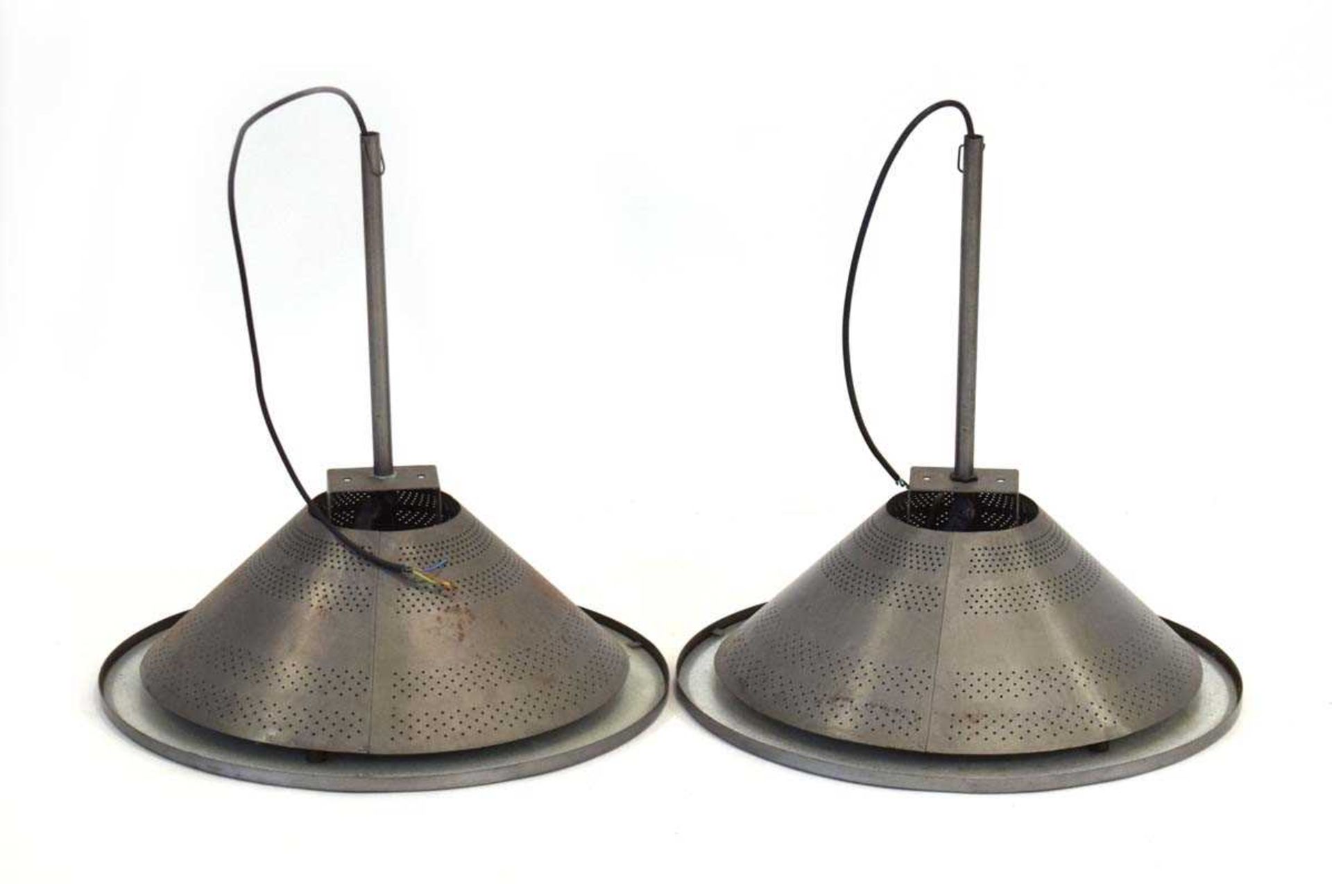 A pair of 1980's 'High-Tech' Movement ceiling lights with grey pierce-work shades and moulded