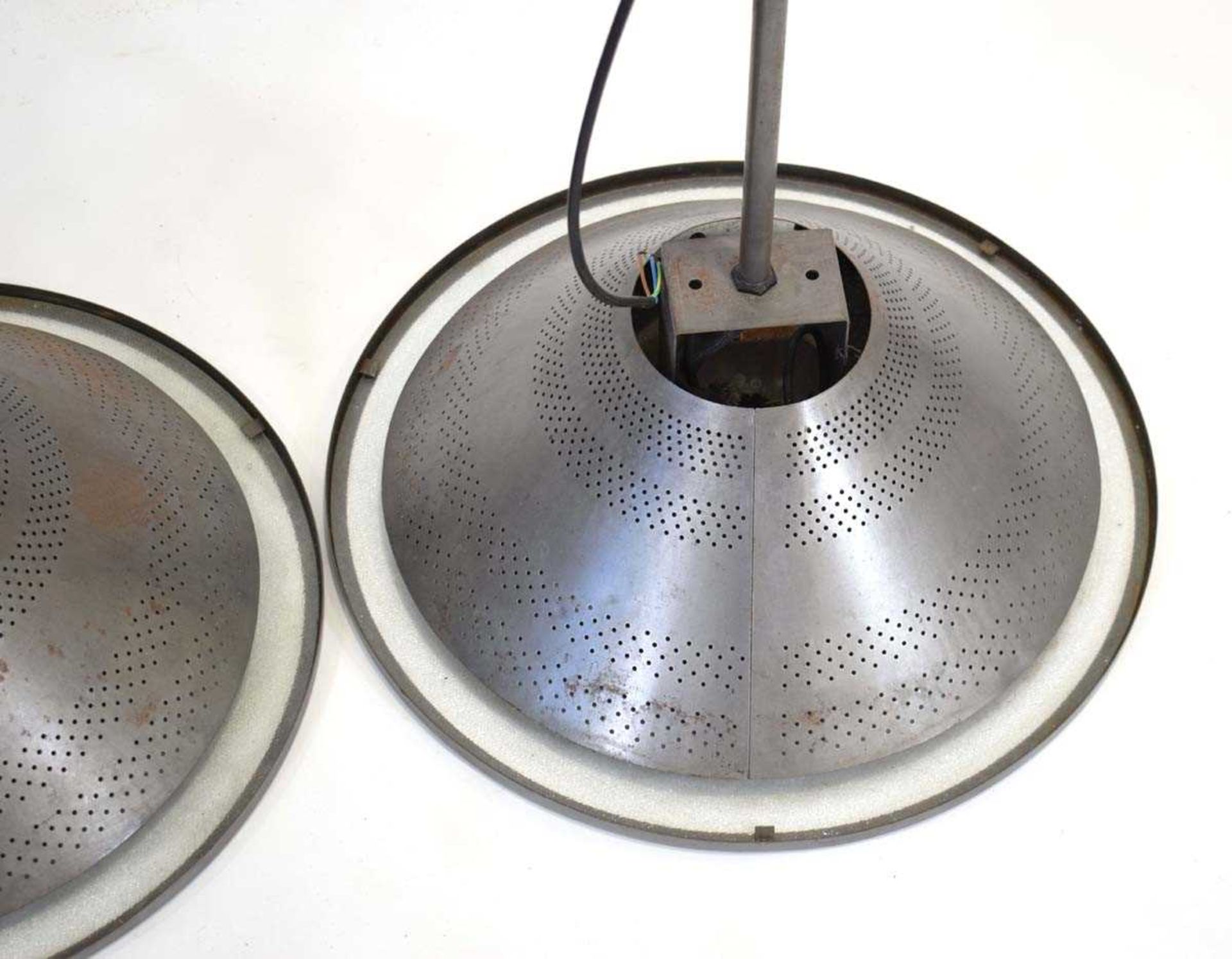 A pair of 1980's 'High-Tech' Movement ceiling lights with grey pierce-work shades and moulded - Image 2 of 3