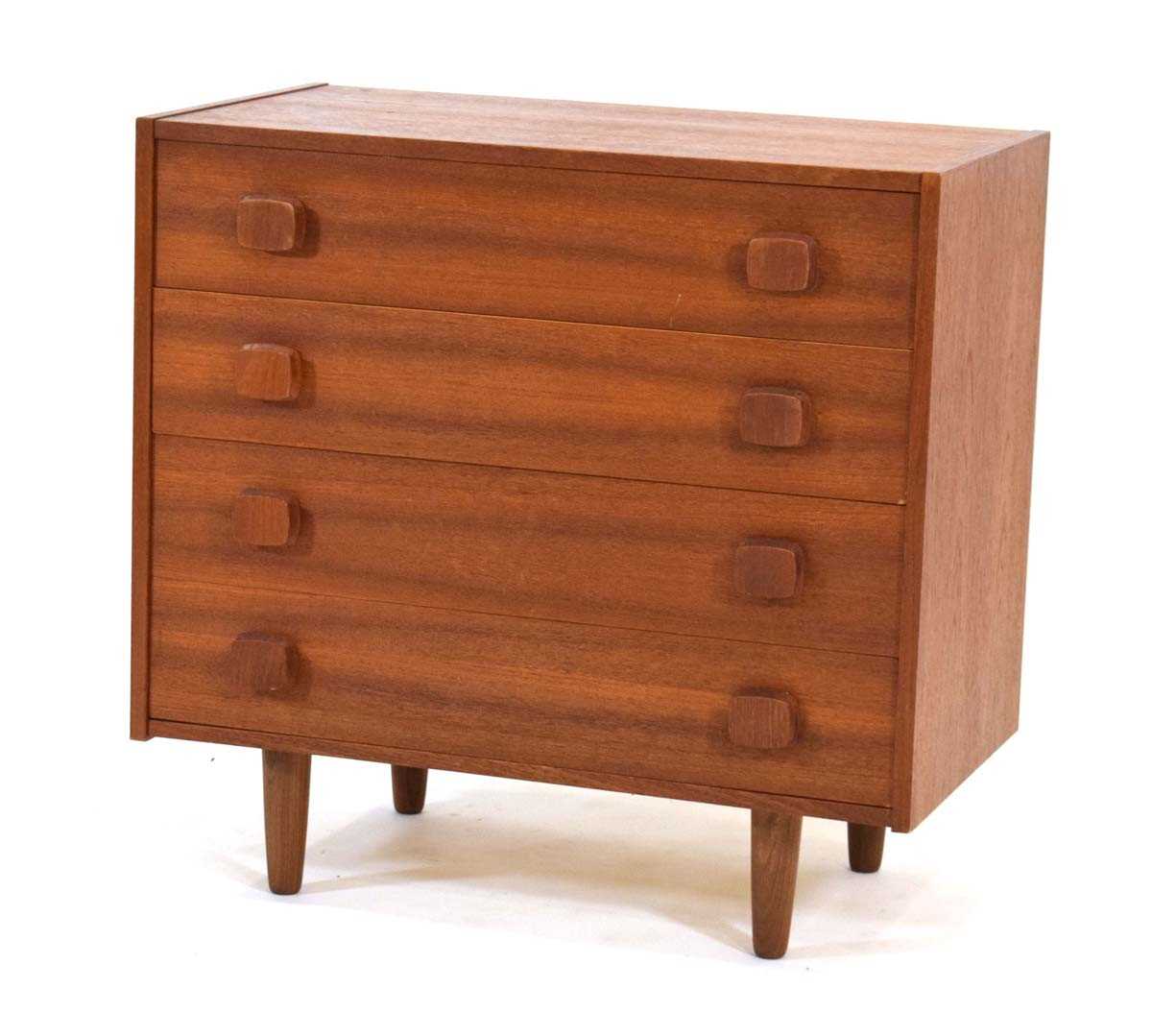 A 1960's Danish teak chest of four drawers with square moulded handles, on later tapering legs, w.