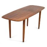 A 1960's Danish teak 'surfboard' style occasional table on tapering legs, 125 x 50 cm