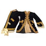 A black silk and embroidered ceremonial jacket, together with a matching pair of breeches,