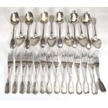 Fourteen William IV silver fiddle and thread pattern table forks and eleven matching table spoons,