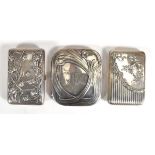 Three Continental metalware cigarette cases, two repousse decorated in the Art Nouveau manner, max