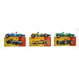 Three Dinky Toys models:240 Cooper racing car,241 Lotus racing car and243 BRM racing car, all