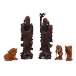 Three Japanese carved netsukes together with two hardwood elder figures (5)