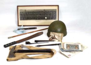 A Second World War ARP Chillington rescue axe, a spike bayonet, a field telescope, a swagger