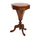 A Victorian mahogany and walnut sewing table of trumpet form with a fitted interior