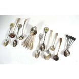 A mixed group of silver spoons including a set of six demitasse spoons, five ben end coffee spoons