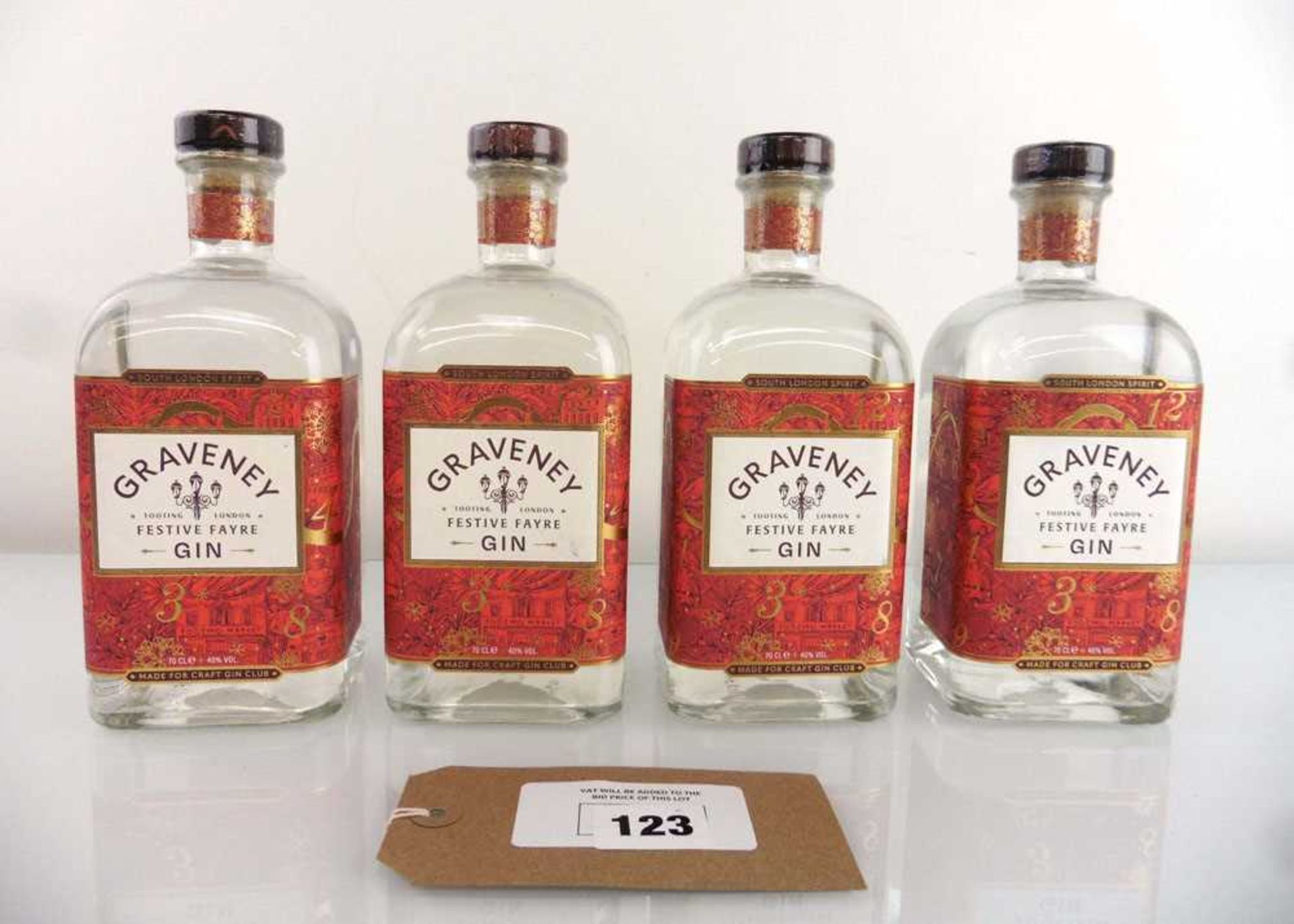 +VAT 4 bottles of Graveney Tooting London Festive Fayre Gin 70cl 40% (Note VAT added to bid price)