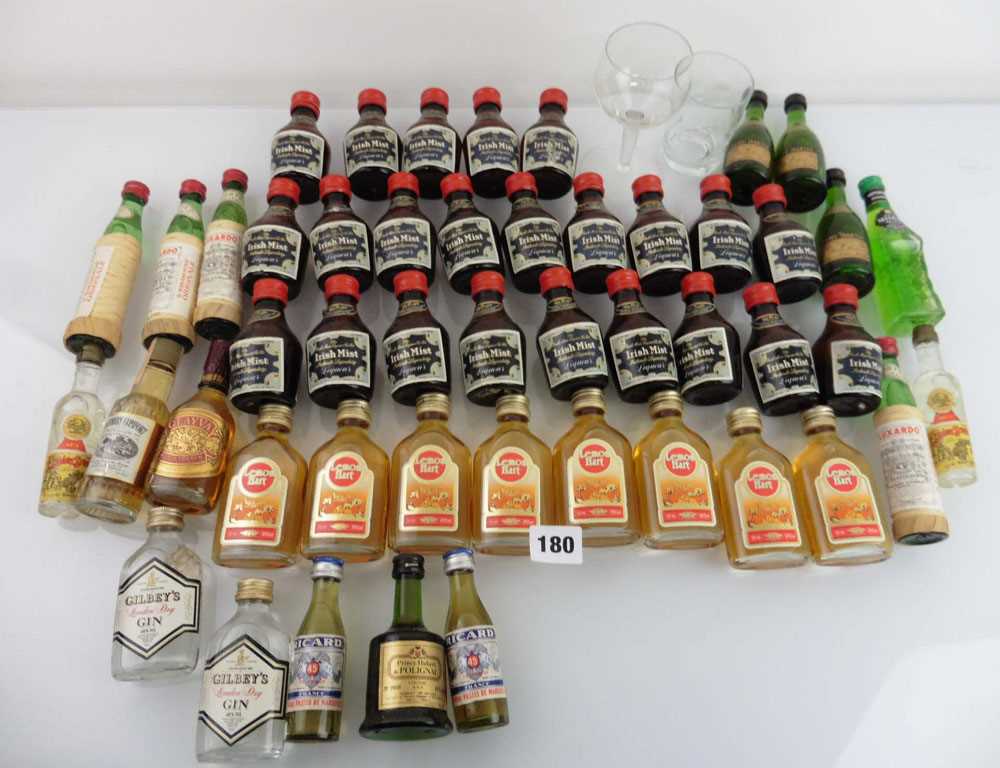 A collection of approx 48 old miniatures and 2 glasses, 8x Lemon Hart Superior Rum 5cl 37.5%, 23x