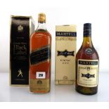 2 bottles, 1x Martell 3 star Very Special Cognac circa 1960's with box 24fl oz 70 proof & 1x Johnnie