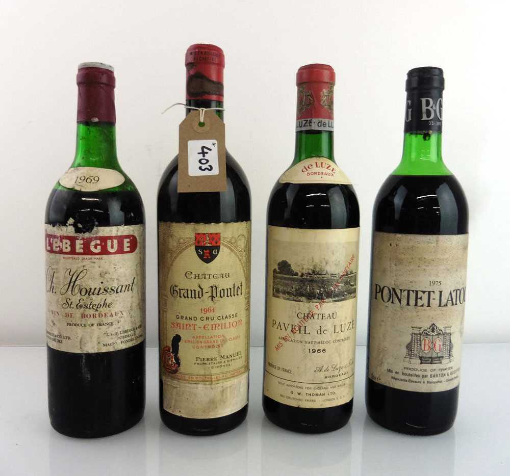 4 bottles, 1x Barton & Guestier Pontet-Latour 1975 Bordeaux (ullage upper mid shoulder), 1x