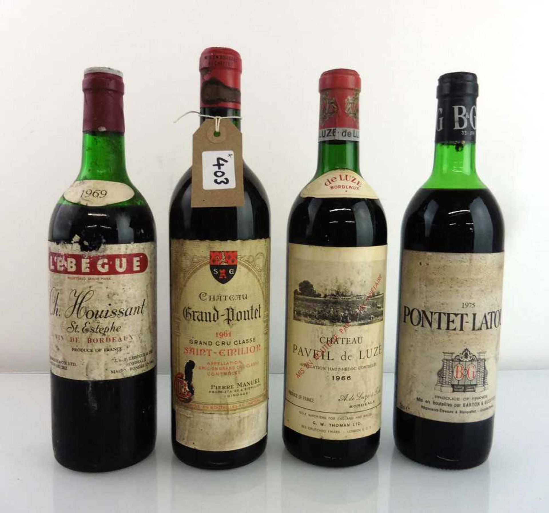 4 bottles, 1x Barton & Guestier Pontet-Latour 1975 Bordeaux (ullage upper mid shoulder), 1x