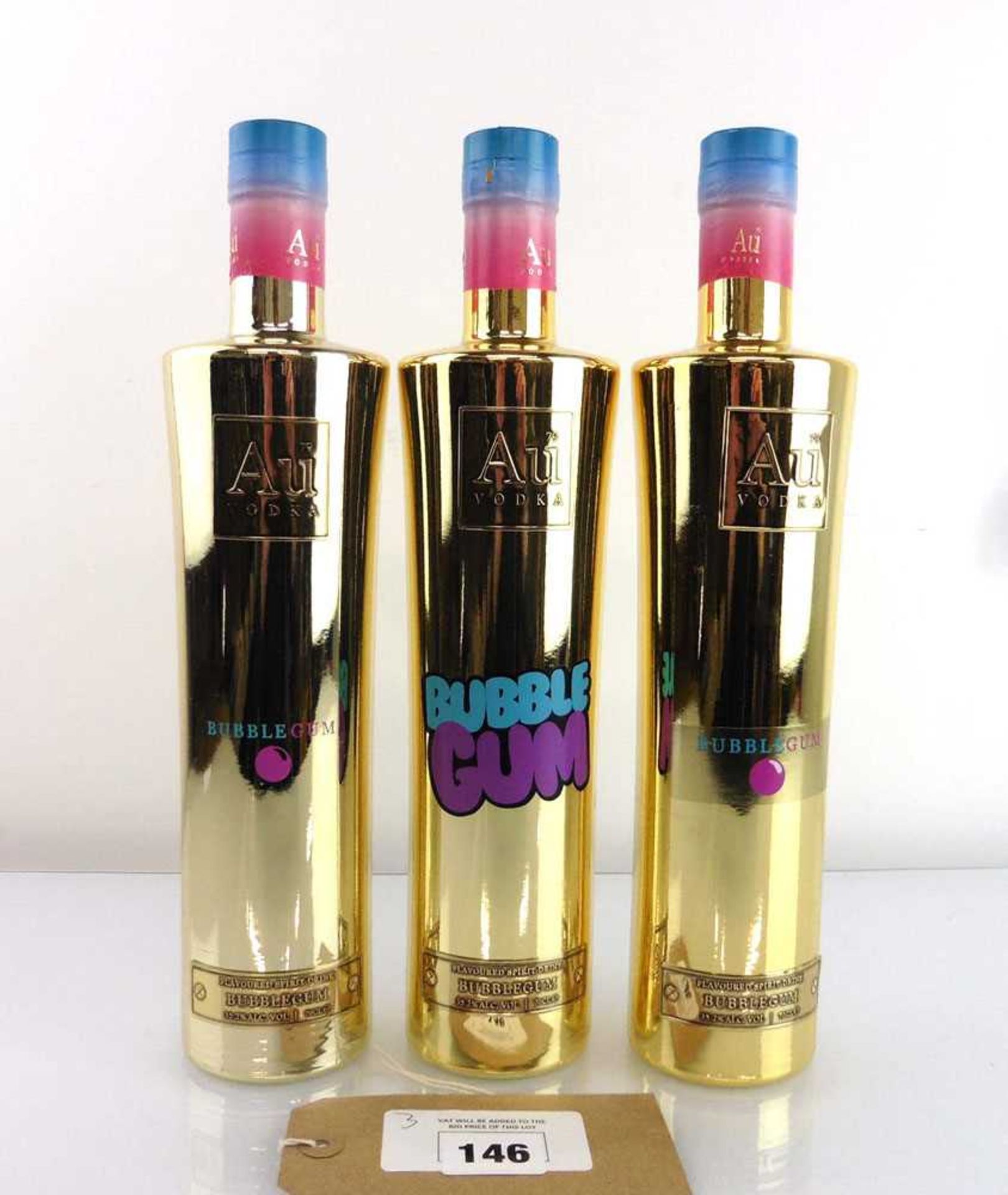 +VAT 3 bottles of Au Vodka Bubblegum 70cl 35.2% (Note VAT added to bid price)