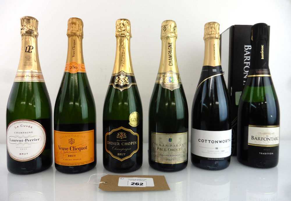 +VAT 6 bottles, 1x Veuve Cliquot Brut Champagne, 1x Laurent Perrier La Cuvee Brut Champagne, 1x