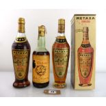 3 bottles, 2x Metaxa 7 Star Gold Label Export Brandy with one box 24 fl ox 70 proof & 1x Pedro