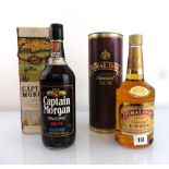 2 bottles, 1x Captain Morgan Black Label Jamaica Rum with box circa 1970's 75cl 26.4 fl oz 40% 70