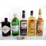5 bottles, 1x Hendrick's Gin 41.4% 70cl, 1x Tanqueray Export Strength London Dry Gin 43.1% 70cl,