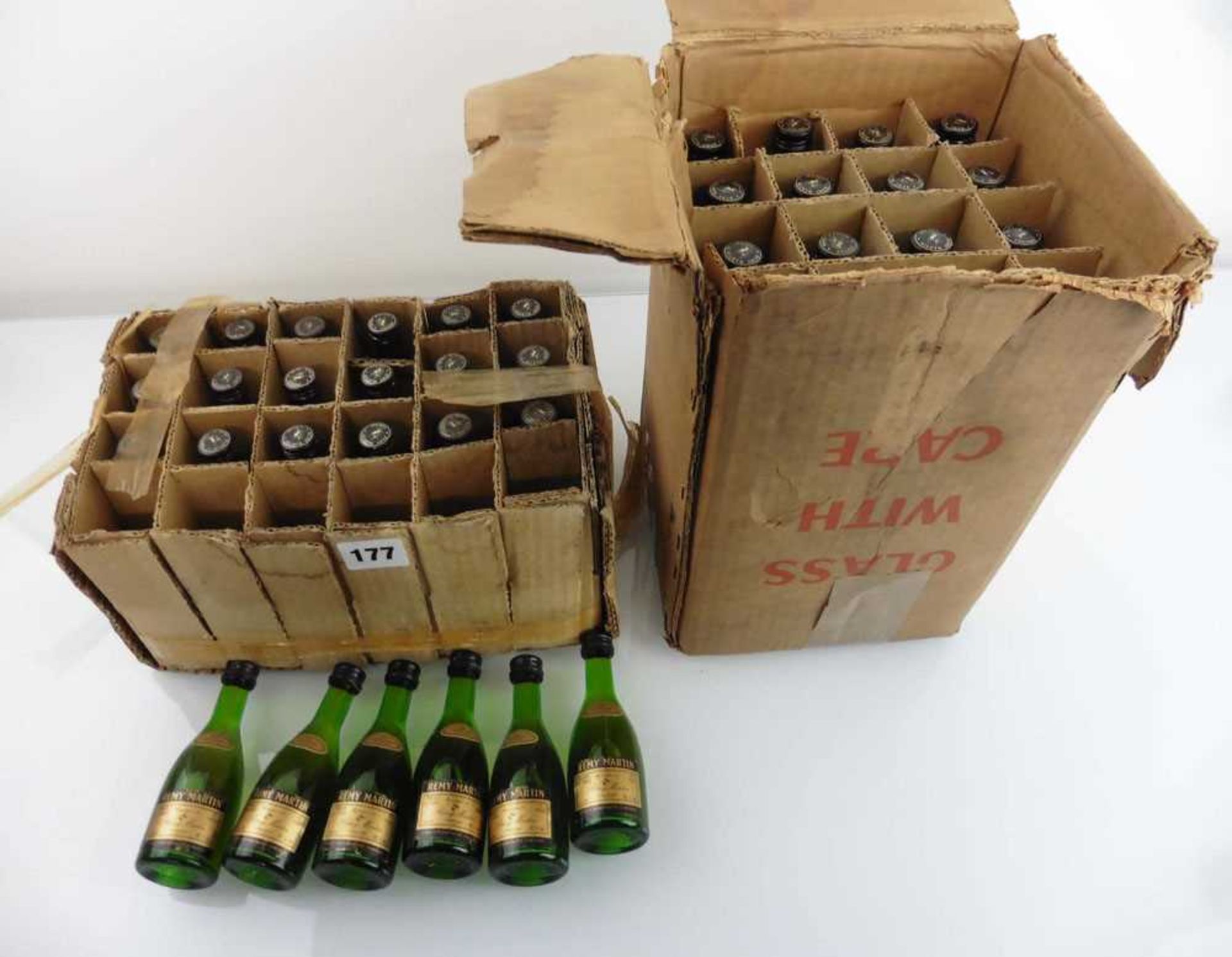 2 old boxes containing about 56 Remy Martin VSOP Fine Champagne Cognac miniatures circa 1970's 70