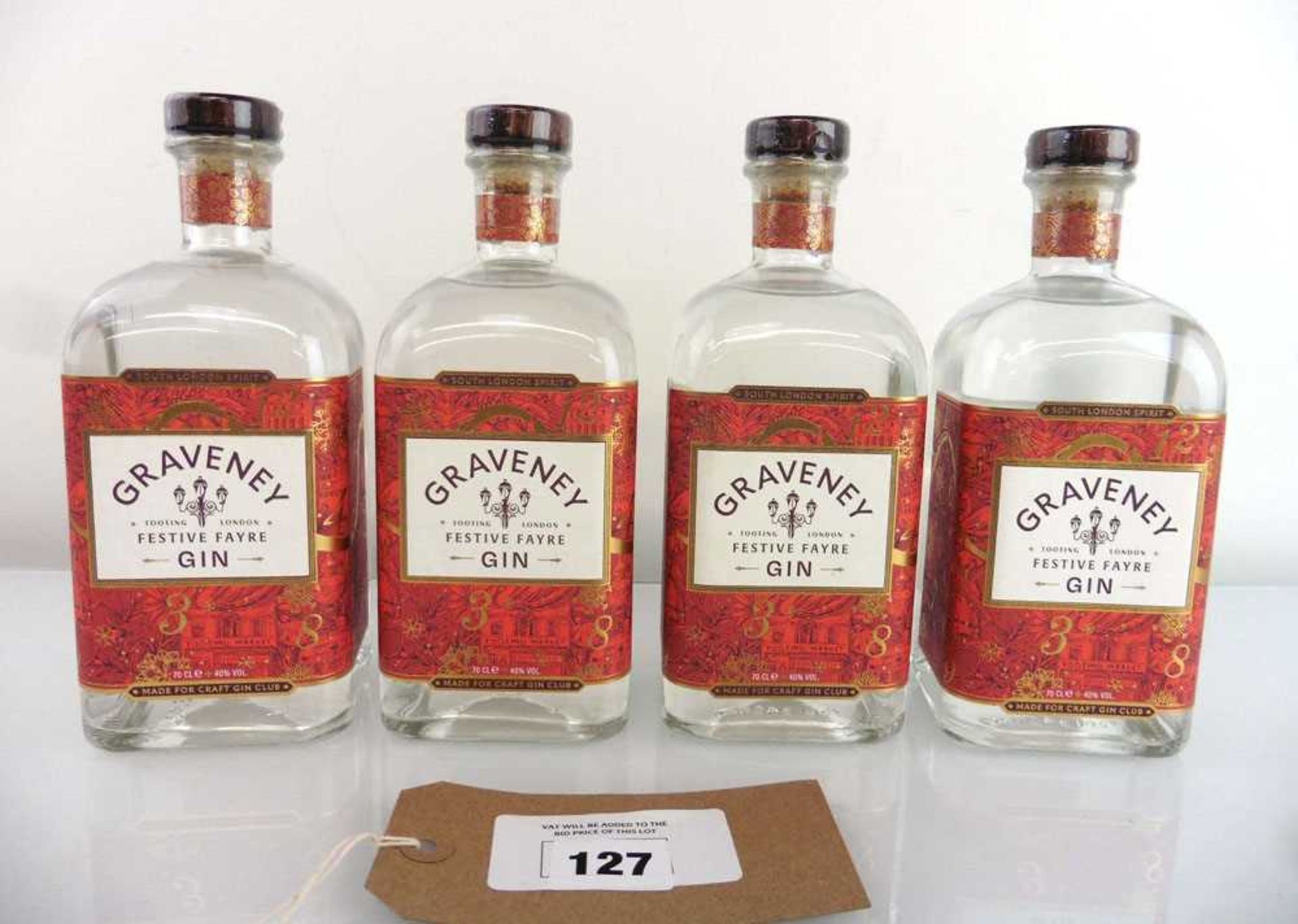 +VAT 4 bottles of Graveney Tooting London Festive Fayre Gin 70cl 40% (Note VAT added to bid price)