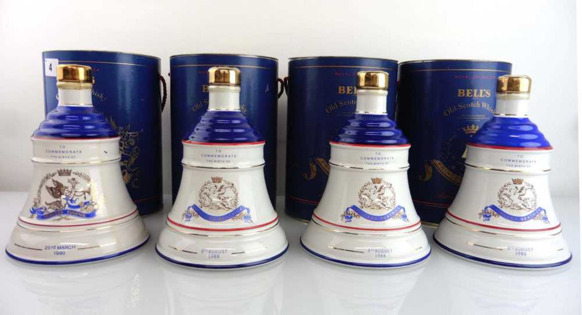 4 Bells Whisky decanters celebrating the births of Princess Eugenie 1990 & 3x Beatrice 1988, 75cl