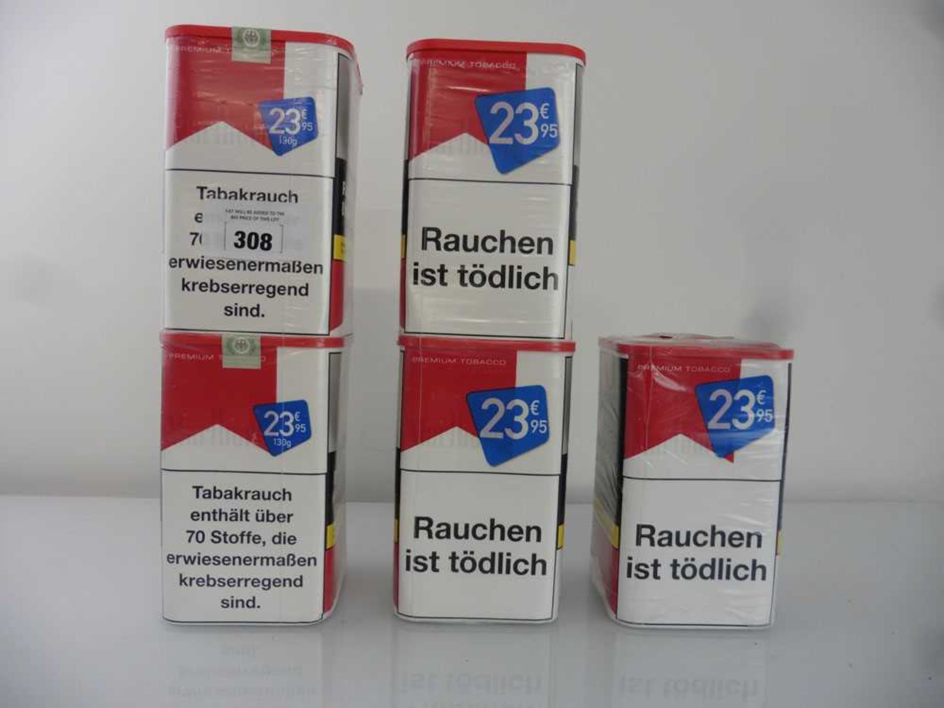 +VAT 5 cartons of Marlboro Premium Tobacco Red 130g each (Note VAT added to bid price)