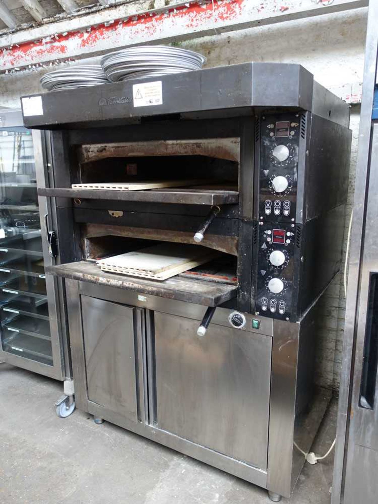 130cm electric FornaItalia twin deck pizza oven on large stand with ambient cabinet, plus quantity - Image 6 of 10