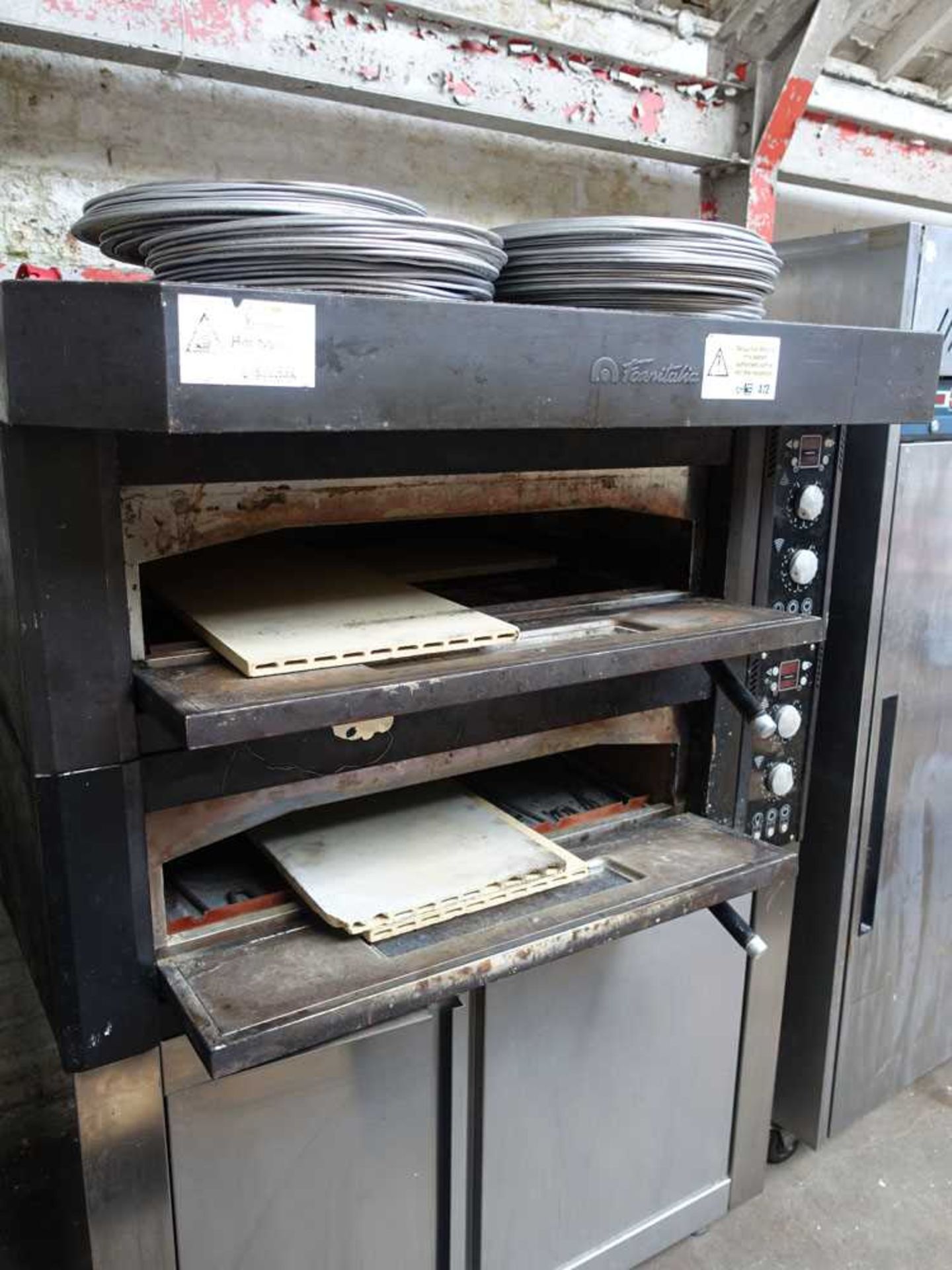 130cm electric FornaItalia twin deck pizza oven on large stand with ambient cabinet, plus quantity - Image 7 of 10