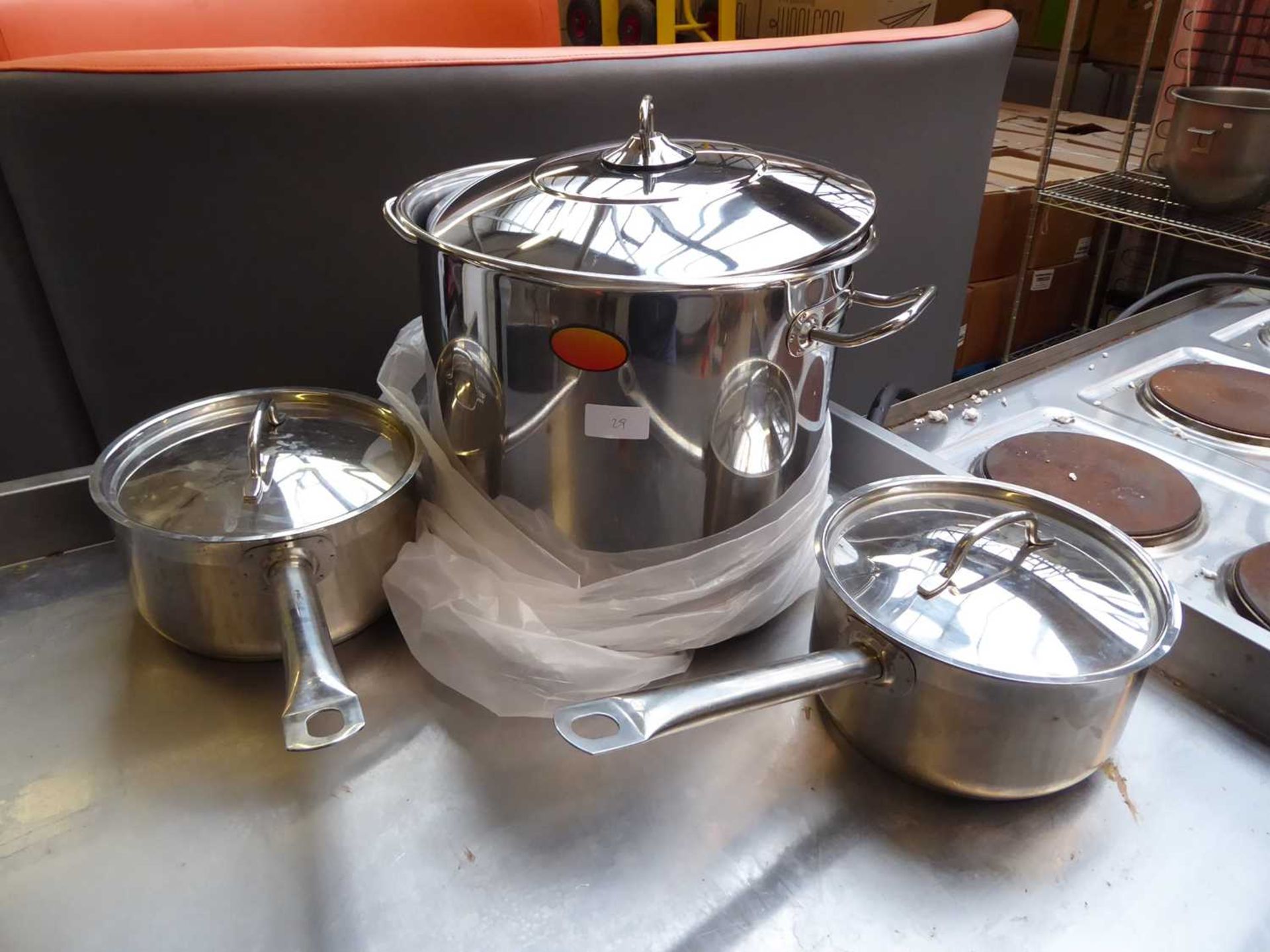 Large twin handled stock pot with lid plus 2 small saucepans