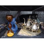 +VAT Cage containing silver plated tea service, ephemera, glug glug jug, satchels and an egg timer