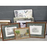 Quantity of oleographs, watercolours and prints to include seaside village, cathedrals, still life