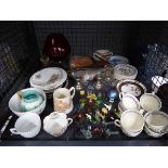 Cage containing lace bobbins, commemorative and other crockery plus ornamental glass carnival