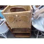 Bamboo and wicker open bookcase plus wicker basket and frog