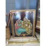Framed and glazed Indian print on fabric entitles "The loving couple"