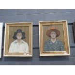 Pair of portrait oils of lady in hat against a striped background