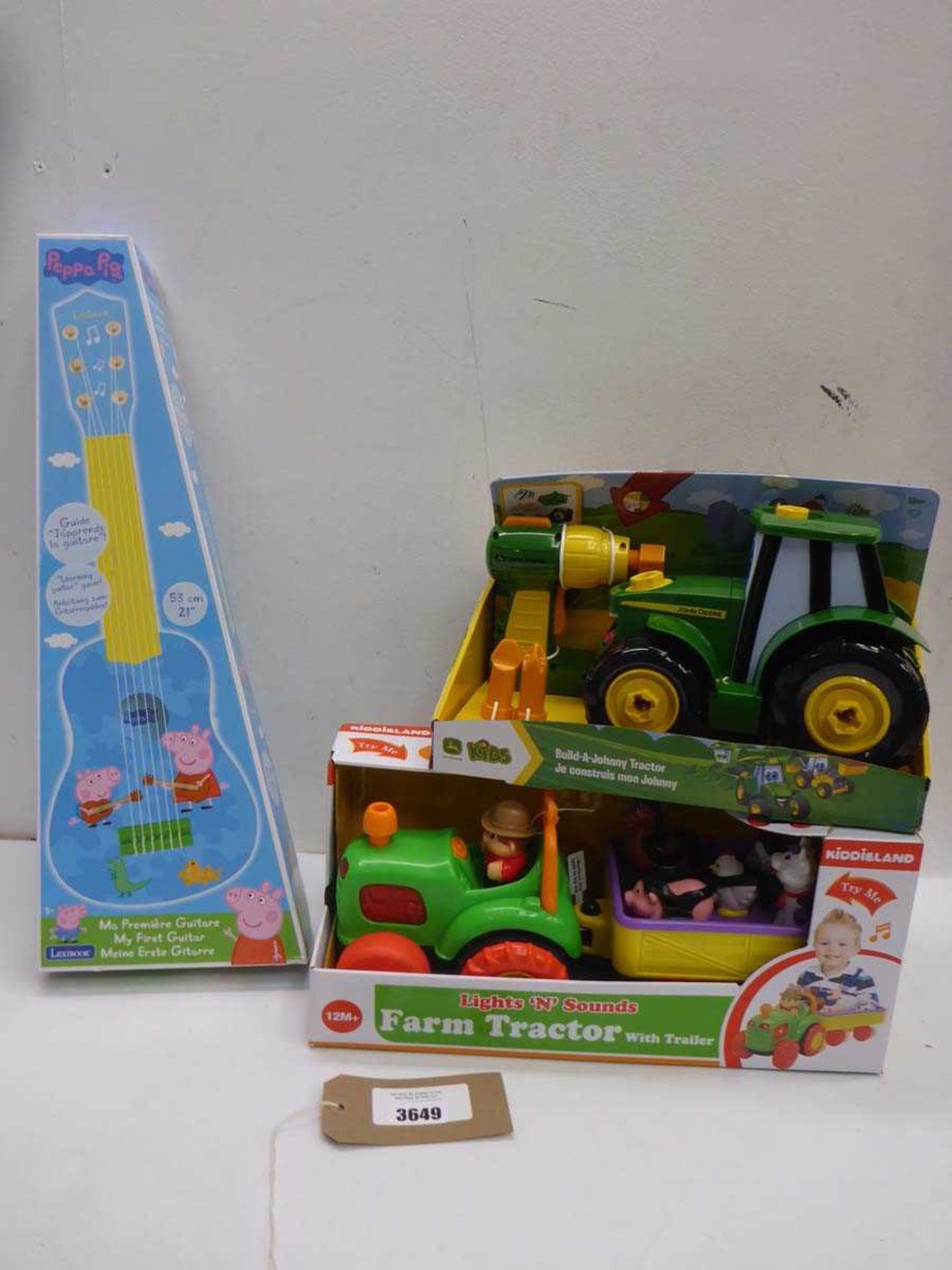 +VAT Light N Sound farm tractor & trailer, John Deere toy tractor and Peppa Pig guitar