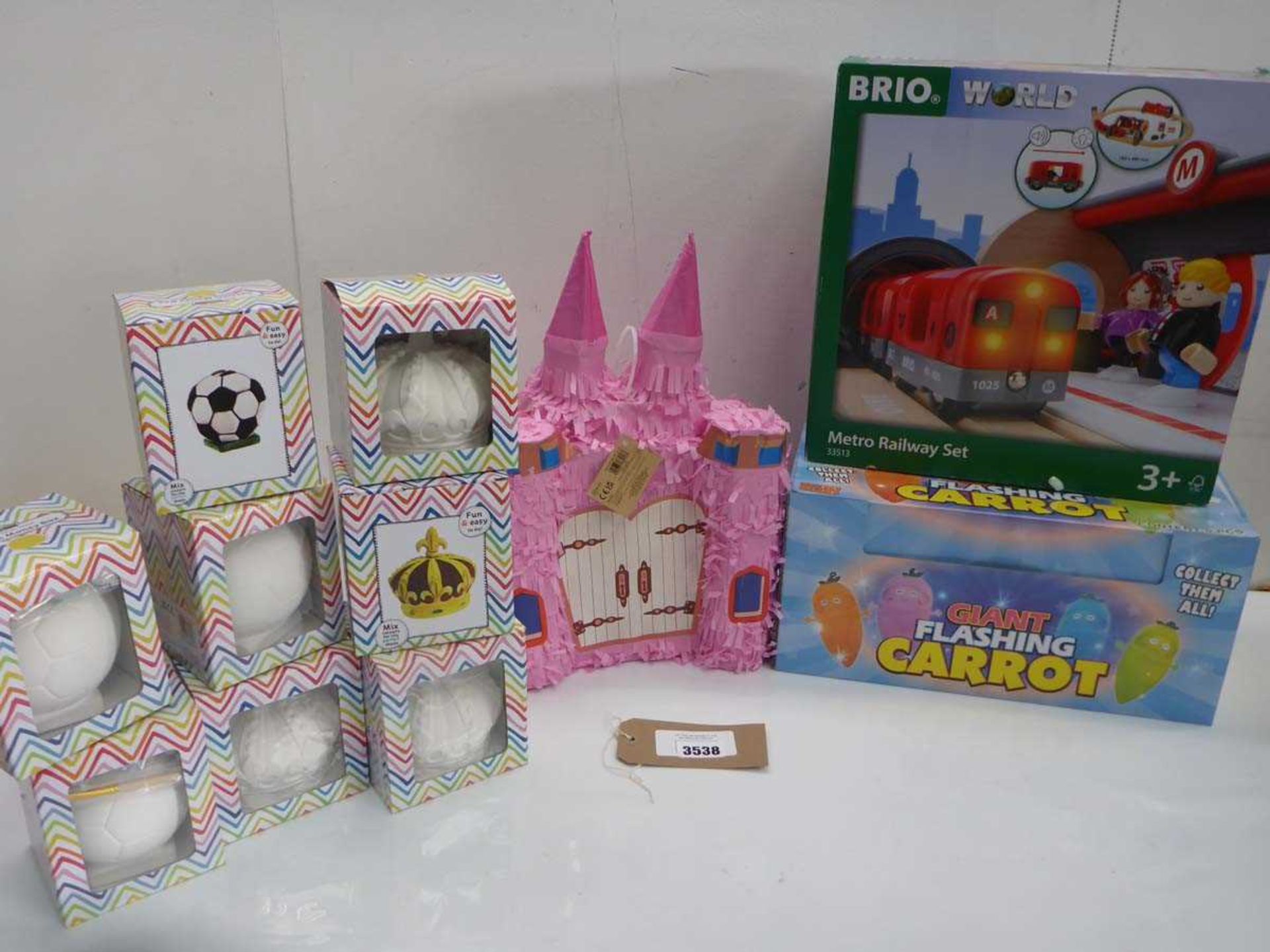 +VAT Giant flashing Carrots, Brio World Metro Railway set, Paint your own money boxes and Pink