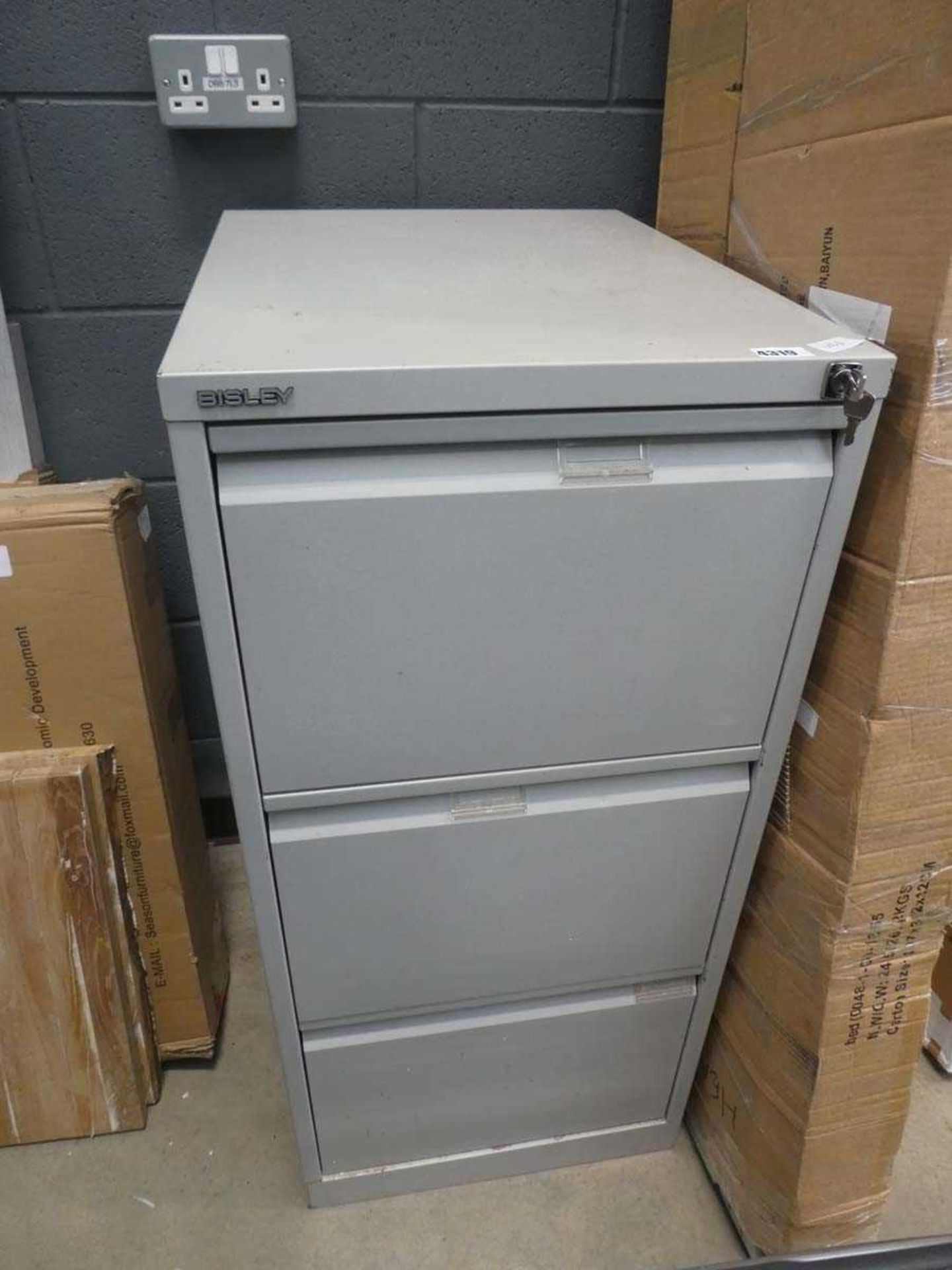 Grey metal 3-drawer filing cabinet