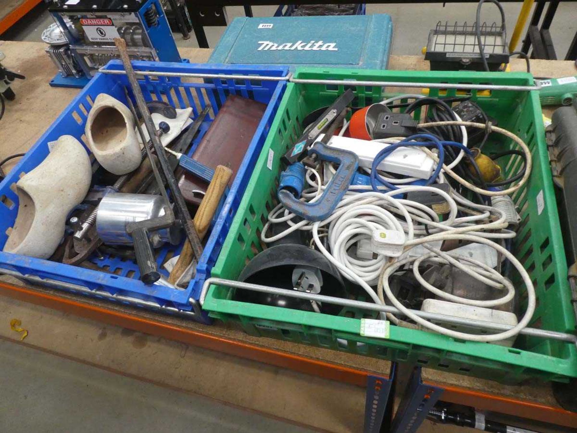 2 crates and toolbox containing clamps, cloggs, tile rippers, extension cables, tools etc