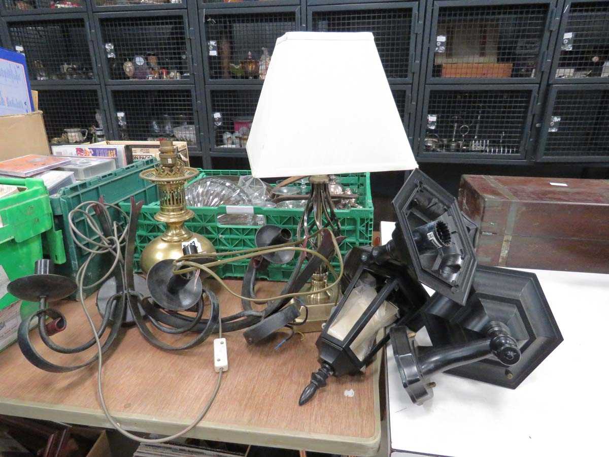 Converted oil lamp and open twist table lamp and pair of two branch wall lights