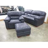 Blue leather effect three seater sofa plus matching armchair and footstool
