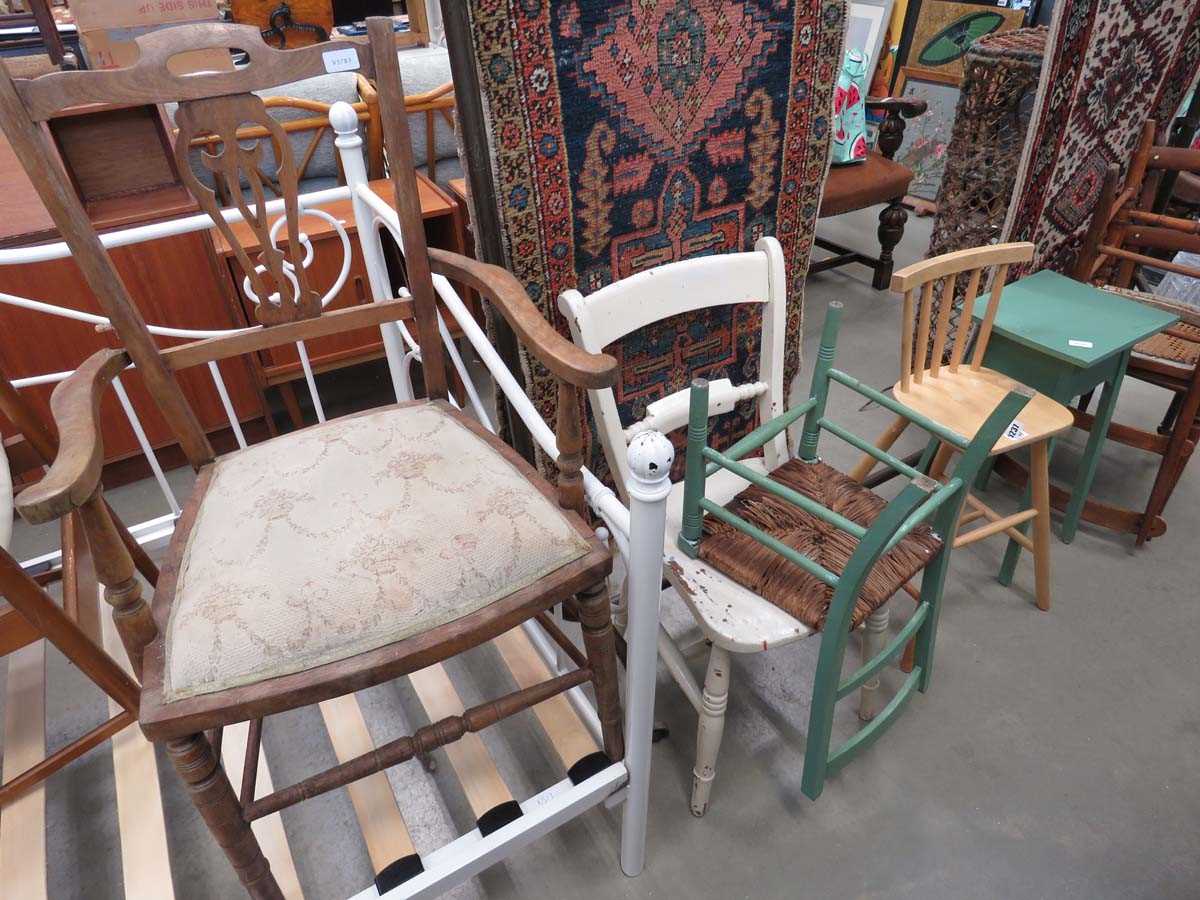 Strong seated stool, splat back provincial chair, oak armchair and child's chair