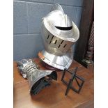 Replica knights helmet on stand plus gauntlet