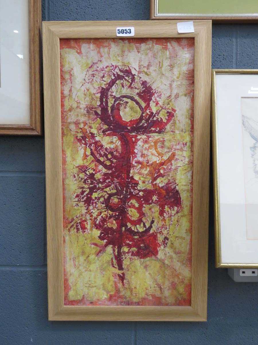 Oil on board, abstract in red and yellow