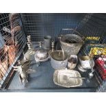 Cage containing silver plated cockerels, biscuit barrel, candlesticks, pewter mug, butter dish and