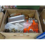 Box containing stainless steel cutlery plus teapot, table lamps and lighters
