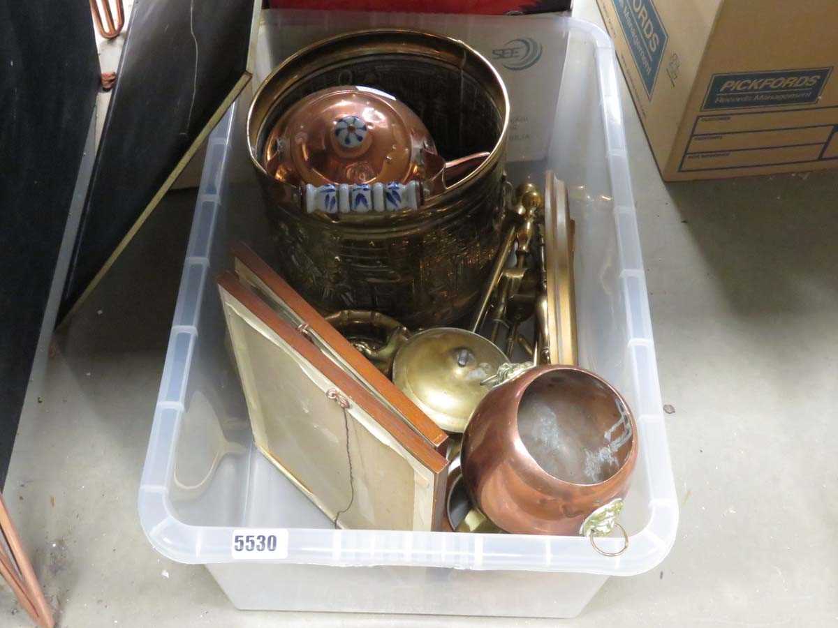 Box containing copper and brass including a fire companion set, kettles, ornaments, coal scuttle