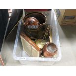 Box containing copper and brass including a fire companion set, kettles, ornaments, coal scuttle