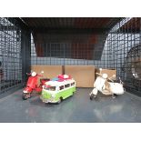 Cage containing 2 tin plate Vespa motorcycles and a camper van